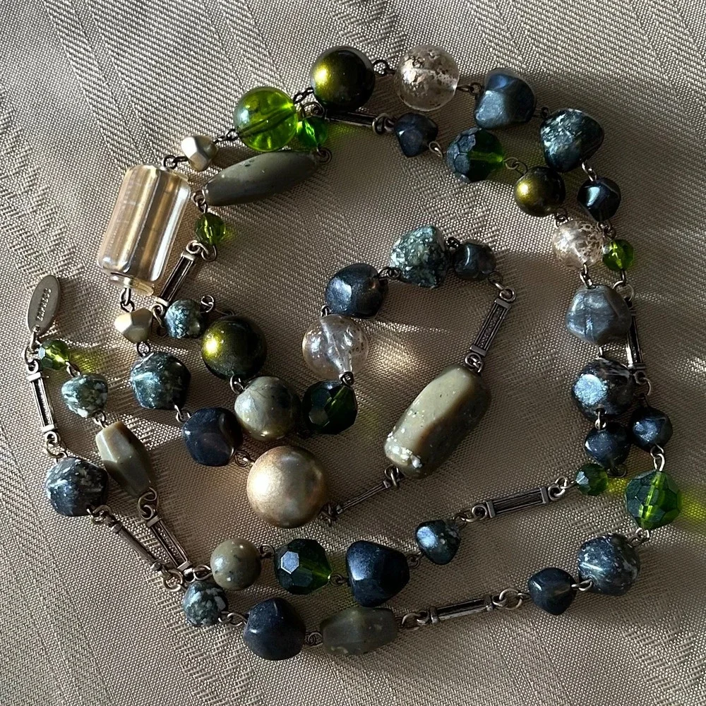 Express Vintage Italy Handmade Long Beaded‎ Necklace 90's Green Gold Earth Tones